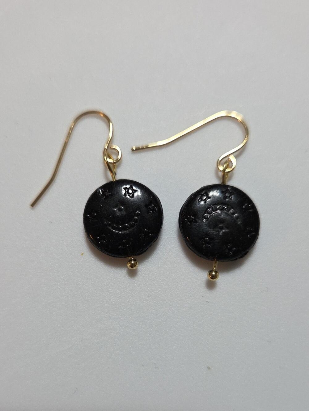 New Czech Glass Moon Stars Black Dangle Earrings Gold Tone Celestial Handmade
